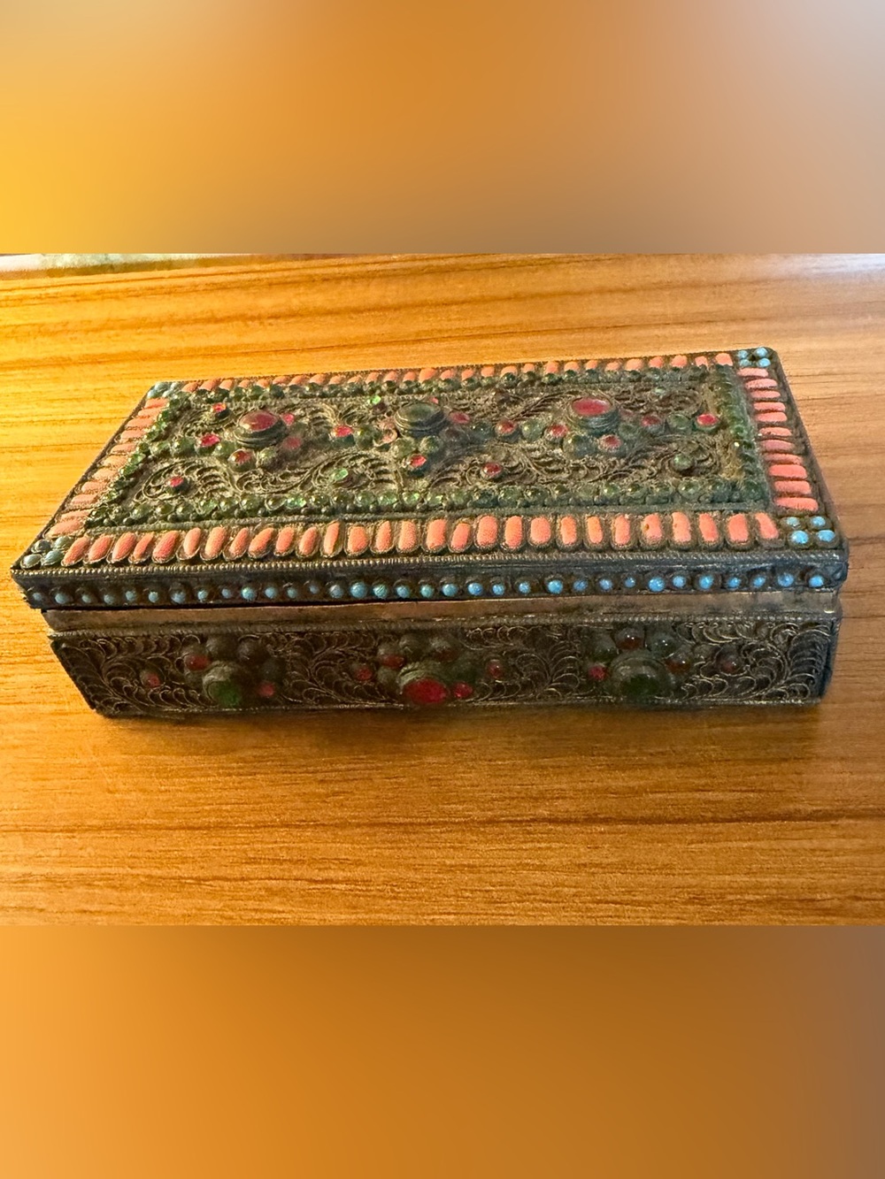 Antique Tibetan Filigree Brass Trinket Box – Turquoise & Coral Inlay – 6.25”